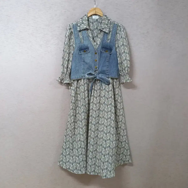 [BUNJANG] DANDIHARA Amoeba Pattern Long Dress with Waist Banding / B8-10/허리밴딩 데님배색 아메바무늬 롱원피스 여성