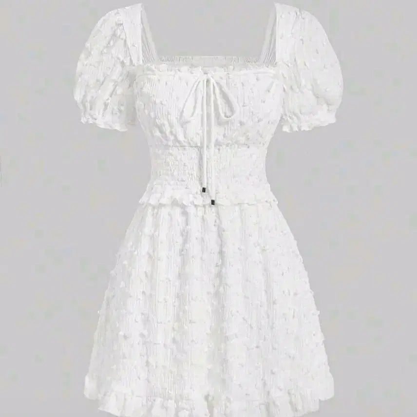 [BUNJANG] Puff Sleeve Square Neck Shirring Mini Dress / 퍼프 소매 스퀘어넥 셔링 미니 원피스 화이트 .휴양지 해변 원피스