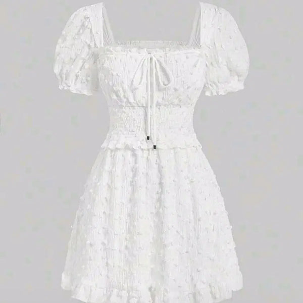 [BUNJANG] Puff Sleeve Square Neck Shirring Mini Dress / 퍼프 소매 스퀘어넥 셔링 미니 원피스 화이트 .휴양지 해변 원피스