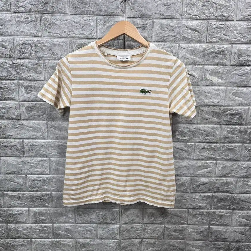 [BUNJANG] Lacoste Striped Short Sleeve T-Shirt Beige Women's Size 90 / 라코스테 단가라 반팔  여자 티셔츠 베이지 사이즈 90