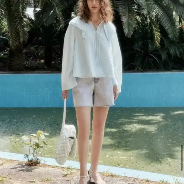 [BUNJANG] ORR Frill Collar Blouse Sky Blue Size S (Fits 55-66) / 오르 프릴칼라 블라우스 S사이즈(55~66가능)