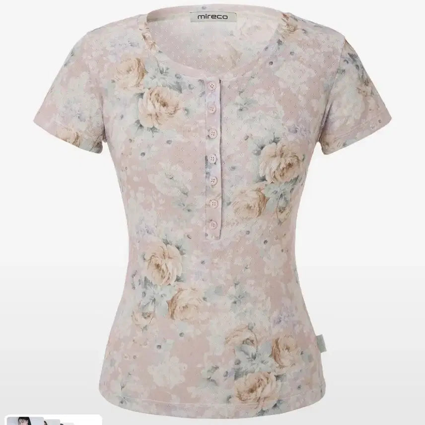 [BUNJANG] Mireco Flower Button T-Shirt Pink / 미레코 FLOWER BUTTON T PINK