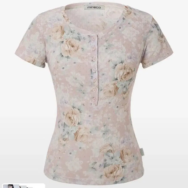 [BUNJANG] Mireco Flower Button T-Shirt Pink / 미레코 FLOWER BUTTON T PINK