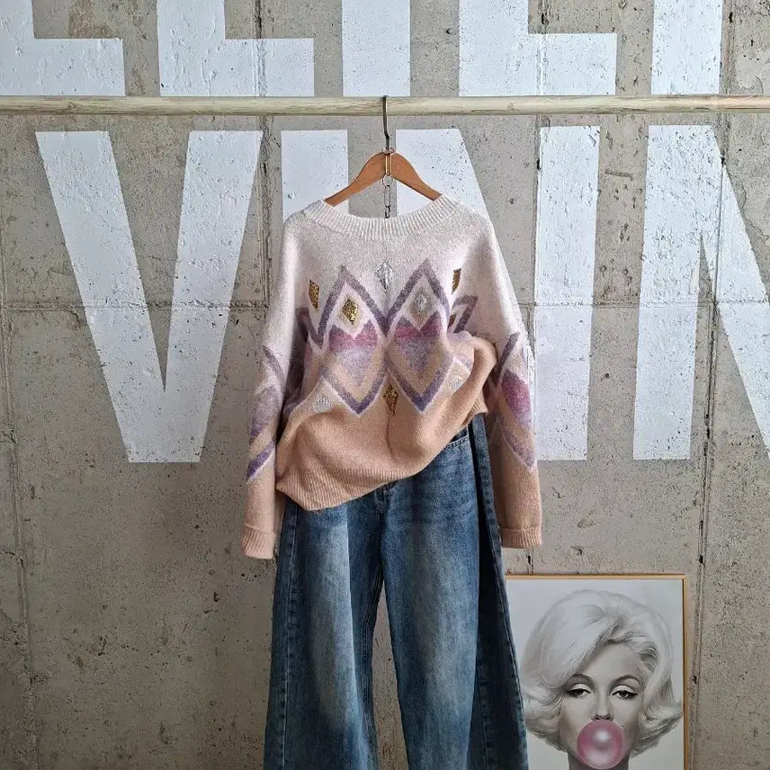 [BUNJANG] Argyle Pattern Sequin Knit Sweater / 행사6)스팽글아가일 패턴 니트스웨터
