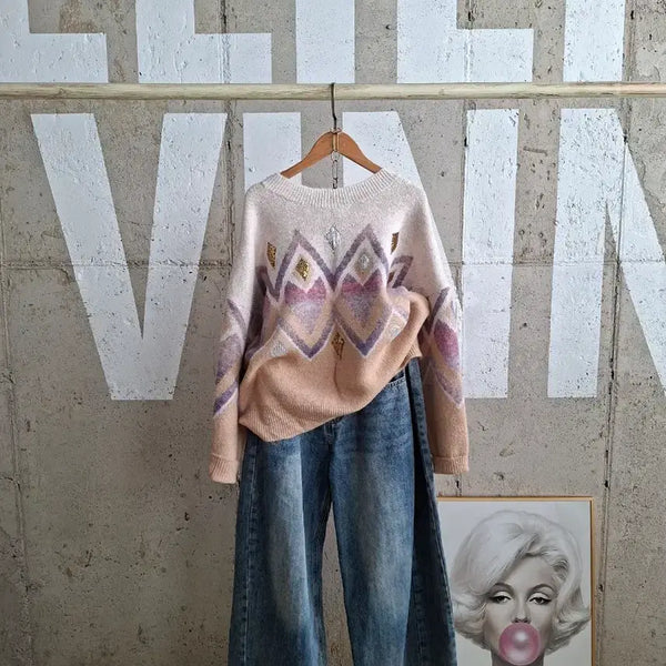 [BUNJANG] Argyle Pattern Sequin Knit Sweater / 행사6)스팽글아가일 패턴 니트스웨터