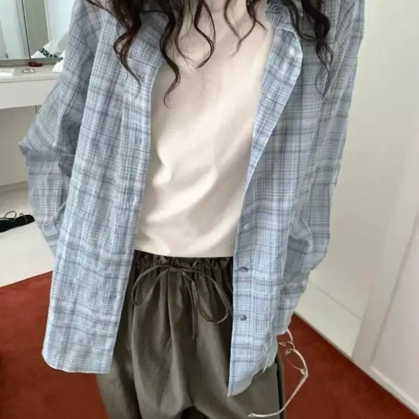 [BUNJANG] Checkered Shirt (Sky) / 플랏 체크 남방(스카이)