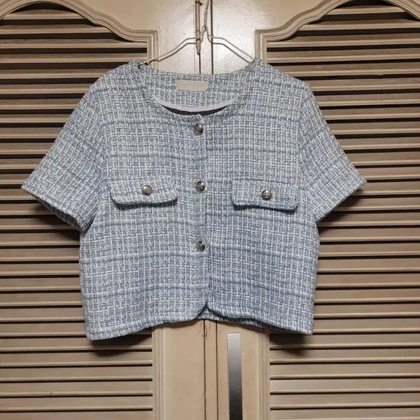 [BUNJANG] Sky Blue Tweed Short Sleeve Jacket / 매력적인 하늘색 트위드 소재의 반팔 자켓