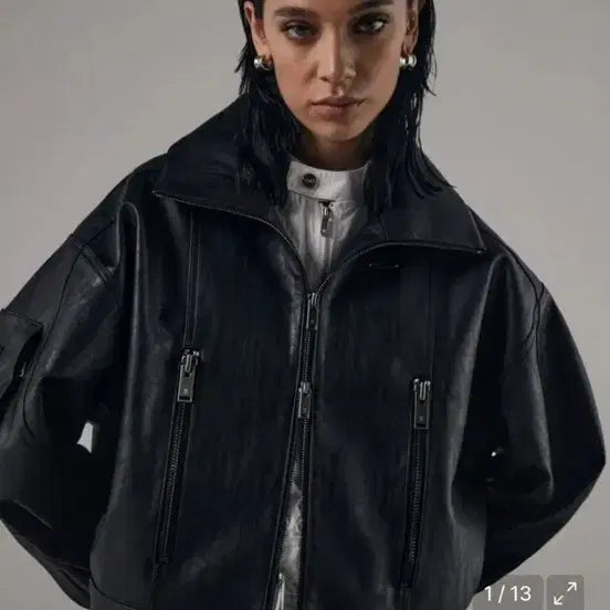 [BUNJANG] TRIMMINGBIRD Bold Zip-Up High Neck Leather Jacket / 트리밍버드 볼드 집업 하이넥 레더 자켓