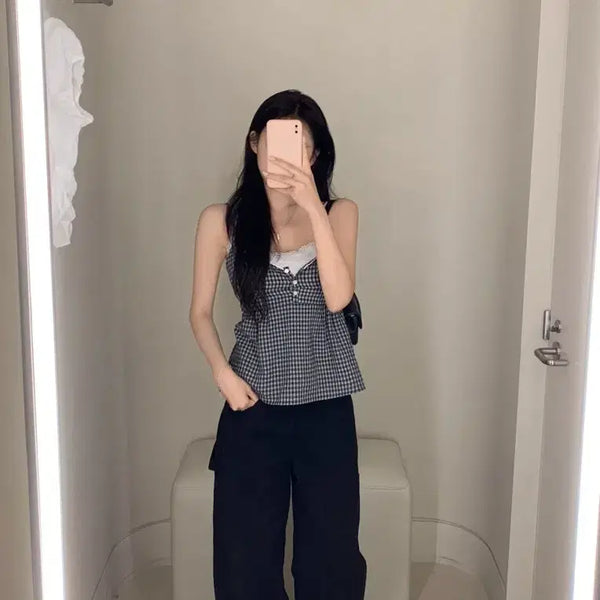 [BUNJANG] TheWish Leeds Miel Sleeveless Top Navy Check / (새상품) 더위시 리즈 leeds 미엘 슬리브리스 탑 네이비 체크