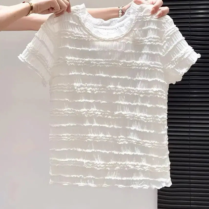 [BUNJANG] White Shirring Short Sleeve Blouse (Size S) / 화이트 셔링 반팔 블라우스S