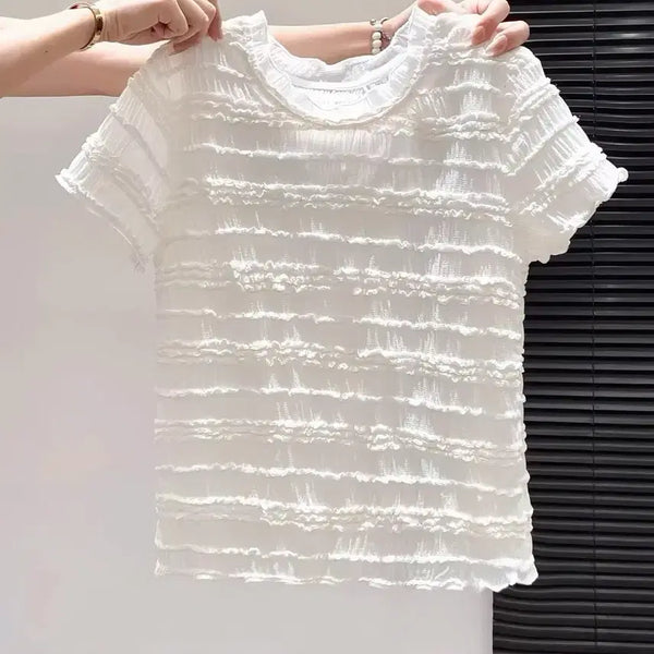 [BUNJANG] White Shirring Short Sleeve Blouse (Size S) / 화이트 셔링 반팔 블라우스S