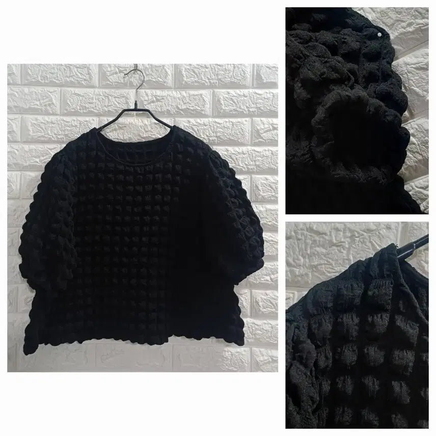 [BUNJANG] Black Embossed Short Sleeve Blouse / 블랙 엠보 반팔 블라우스