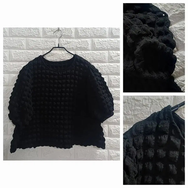 [BUNJANG] Black Embossed Short Sleeve Blouse / 블랙 엠보 반팔 블라우스