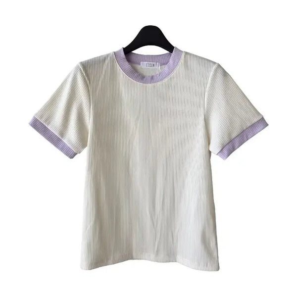 [BUNJANG] Stripe Color Block Slim Fit T-Shirt / S/연보라 배색 슬림 티셔츠/새제품