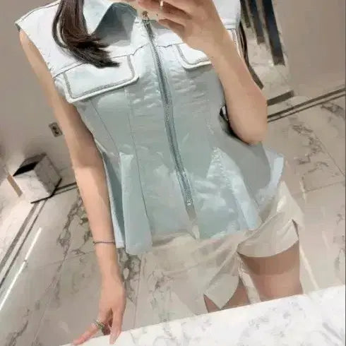 [BUNJANG] Sleeveless Vest with Zipper and Rhinestones - 2 Colors / 지퍼  민소매 큐빅  베스트..2컬러