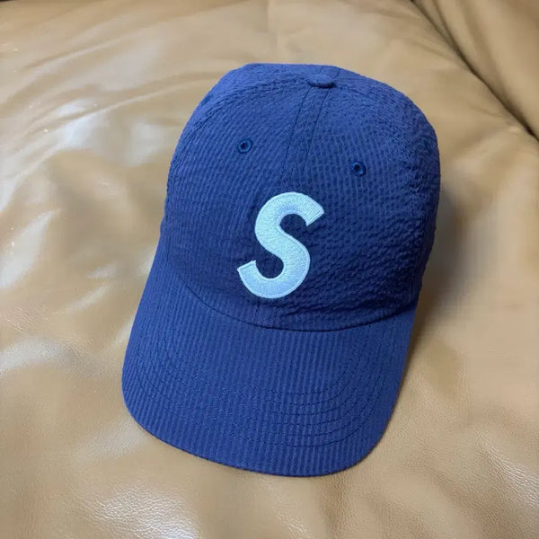 [BUNJANG] Supreme S Logo 6-Panel Seersucker Ball Cap Navy 24SS / 슈프림 S로고 6패널 볼캡 모자 시어서커 네이비 24SS
