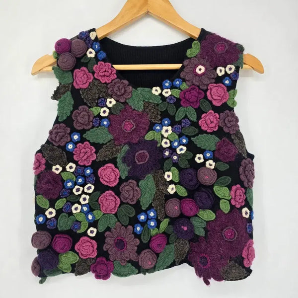 [BUNJANG] Handmade Flower Motif 100% Wool Knit Vest / 핸드메이드 플라워 모티브 울 100% 니트 베스트 / 빈티지 조끼 [B21217]