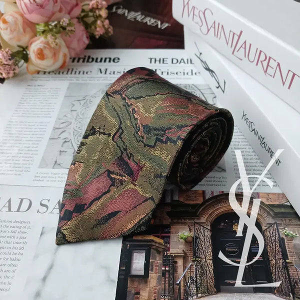[BUNJANG] Yves Saint Laurent Silk Jacquard Pattern Tie - Olive Green Multicolor / 입생로랑 실크 올리브그린 자카드 패턴 넥타이 8.9cm A+등급 E1672