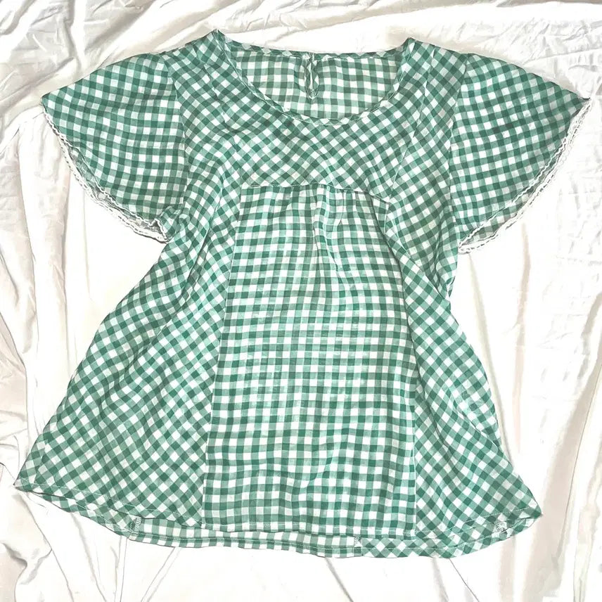 [BUNJANG] Earth Music & Ecology Green Check Frill Blouse / 어스뮤직 모리걸 여름 초록체크 프릴 블라우스