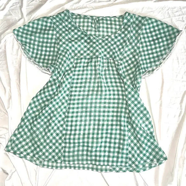 [BUNJANG] Earth Music & Ecology Green Check Frill Blouse / 어스뮤직 모리걸 여름 초록체크 프릴 블라우스