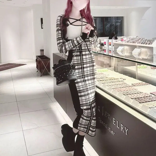 [BUNJANG] Honey My Check Long Knit Dress / [교판] 허니뮤 체크 롱 니트 원피스 스나계 걸리 미셸마카롱 양산형 지뢰계 호비계