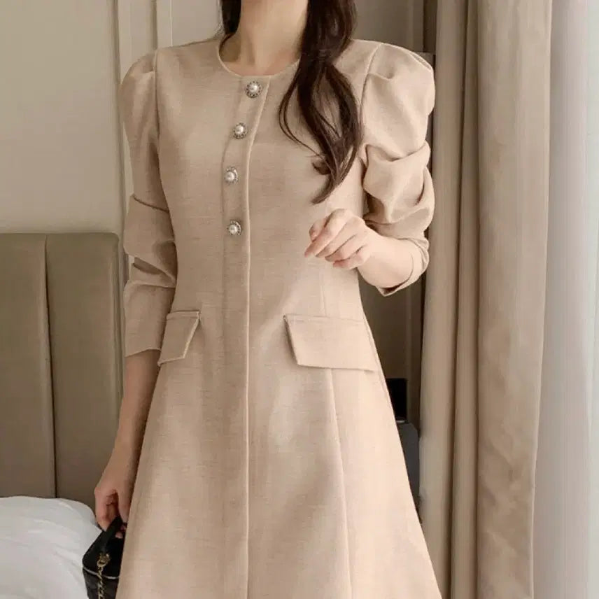 [BUNJANG] Pink Beige Tweed Flare Dress / 1회착용 핑크베이지 트위드 원피스