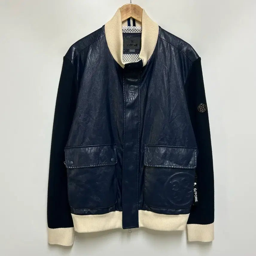 [BUNJANG] G/FORE Leather Hybrid Knit Zip-Up Jacket Navy/Ivory / [남자-110]G/FORE 지포어 레더 하이브리드 니트 집업자켓