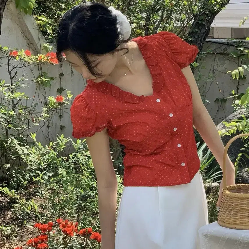 [BUNJANG] Merion Jellyfish Dot Blouse (Red) - Size M / 메리온 젤리쉬 도트 블라우스(레드) M
