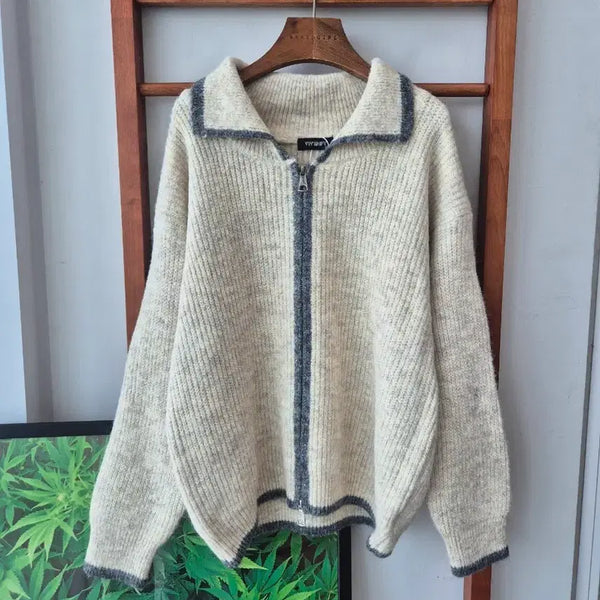 [BUNJANG] VIVIDIFY Oatmeal Zipper Knit Cardigan / (새상품)VIVIDIFY 양지퍼 니트가디건 오트밀