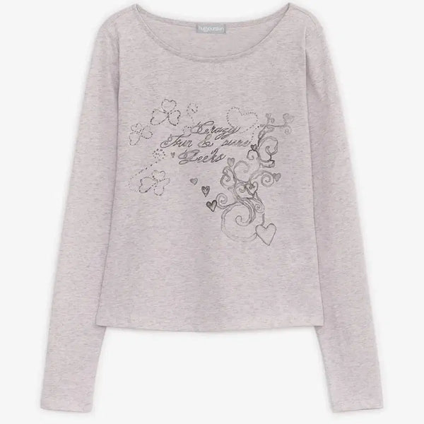[BUNJANG] Hug Your Skin Mellow Print Long Sleeve T-Shirt (Gracie Pink) / 허그유어스킨 멜로우 프린트 롱 슬리브 티 (그레이시 핑크)