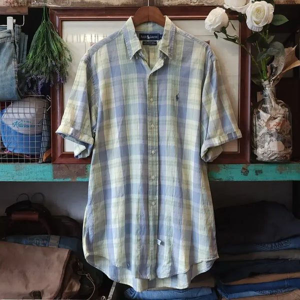 [BUNJANG] 90s Polo Madras Check Shirt (L) / 90s 폴로 체크셔츠 컨트리 그린 폴로 마드라스 셔츠 반팔 셔츠 L