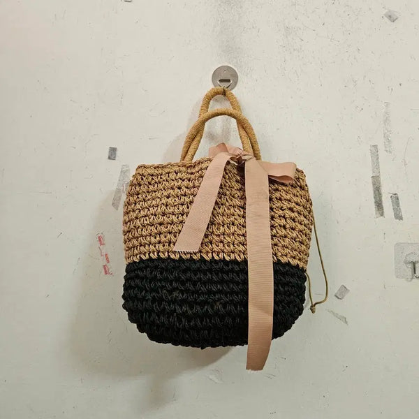 [BUNJANG] Knit Rattan Bag Shoulder Bag Pink Ribbon / 뜨개 라탄백 숄더백 핑크 리본