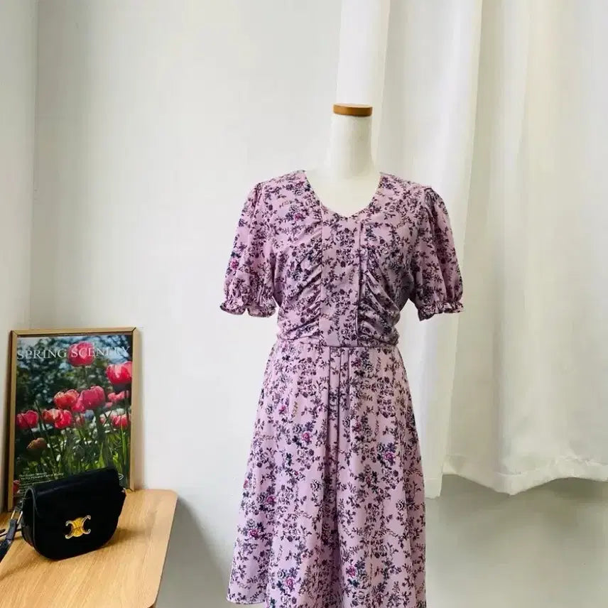 [BUNJANG] Pink Flower Shirring Chiffon Dress / 핑크 플라워 셔링 쉬폰 원피스