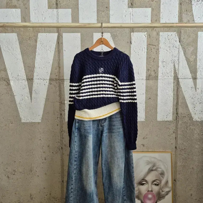 [BUNJANG] Egoist Cable Knit Sweater Navy White Stripe / 에고이스트  케이블 니트 스웨터(SB5