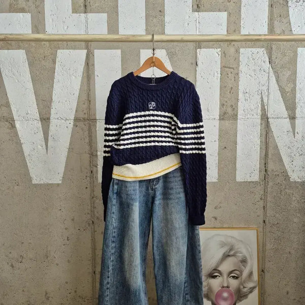 [BUNJANG] Egoist Cable Knit Sweater Navy White Stripe / 에고이스트  케이블 니트 스웨터(SB5