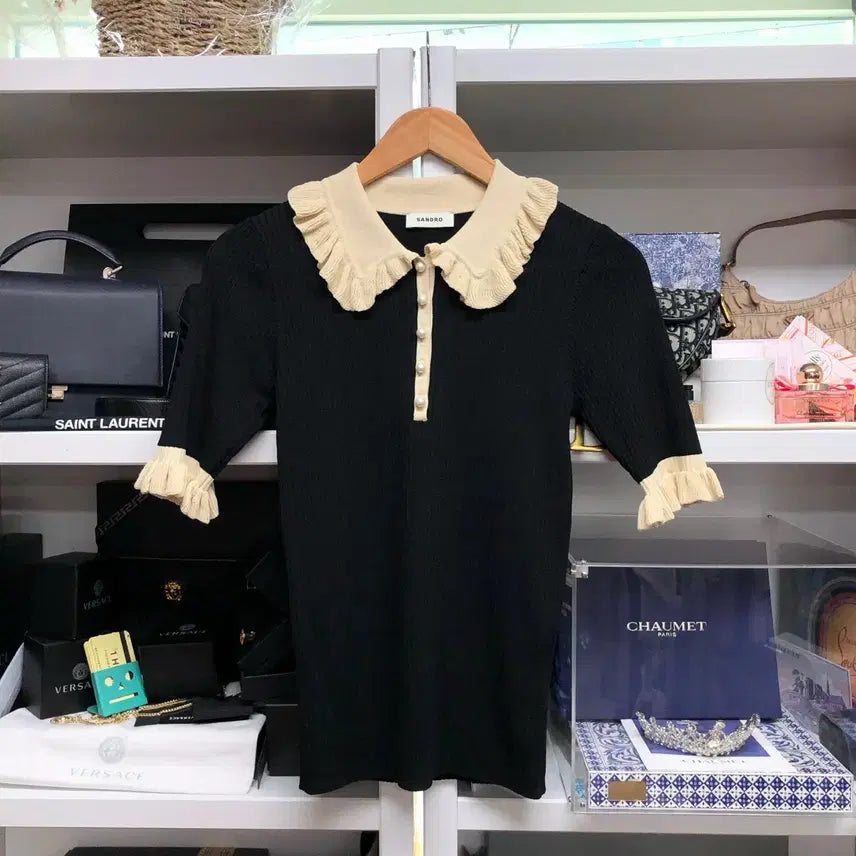 [BUNJANG] Sandro Ribbed Knit Top with Frill Detail / [ SANDRO ] 산드로 카라 니트 탑