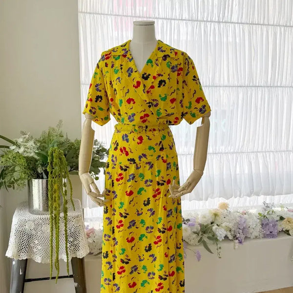 [BUNJANG] Vintage Yellow Flower Belted Dress / 미국 빈티지 옐로우 플라워 벨트 원피스
