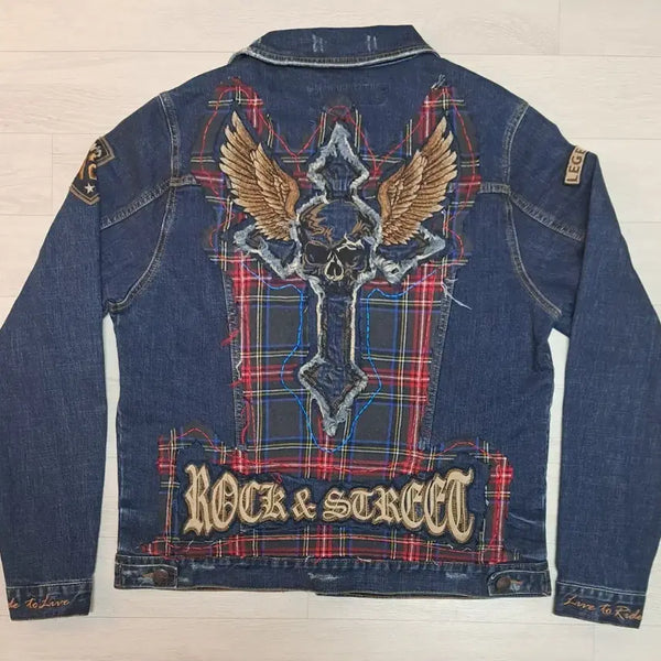 [BUNJANG] Vintage Washed Denim Patch Biker Jacket XL / 빈티지 워싱 데님패치 바이크 자켓 XL