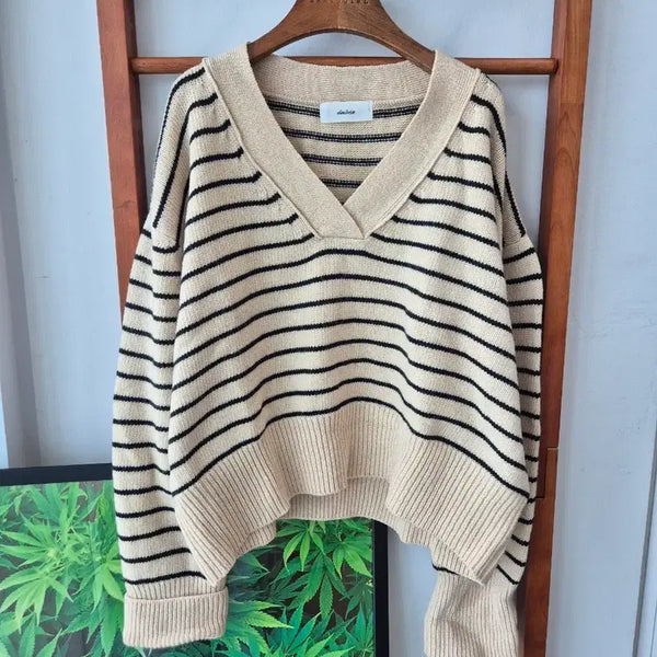 [BUNJANG] Striped V-Neck Knit - Beige / (새상품) 단가라 브이넥 니트 베이지
