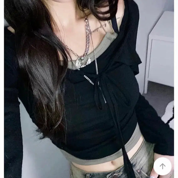 [BUNJANG] Ablie Shirring Long Sleeve T-Shirt with Inner Camisole / 에이블리 셔링 긴팔티셔츠