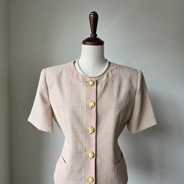 [BUNJANG] Checkered Color-Block Short Sleeve Jacket / 체크 배색 반팔 자켓