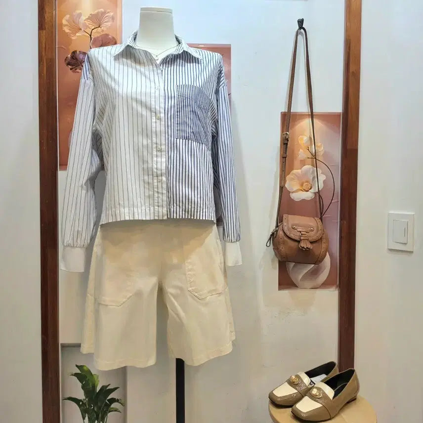 [BUNJANG] DKNY Asymmetrical Stripe Boxy Fit Shirt / DKNY 언발란스 스트라이프 셔츠