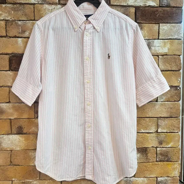 [BUNJANG] Ralph Lauren Pink Stripe Slim Fit Short Sleeve Shirt S / 랄프로렌 핑크 스트라이프 슬림핏 반팔 셔츠 S