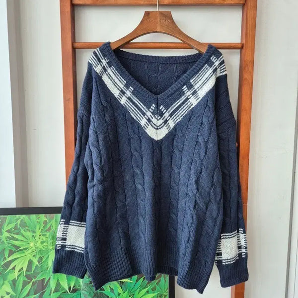 [BUNJANG] Cable Knit V-Neck Sweater Navy / (새상품)케이블 니트 스웨터 네이비
