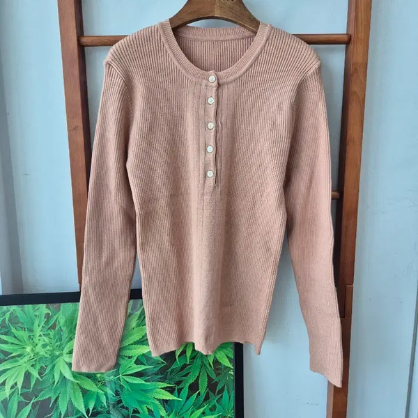[BUNJANG] Ribbed Button Henry Neck Knit - Pink Beige / (새상품)골지 단추 헨리넥 니트 핑크베이지