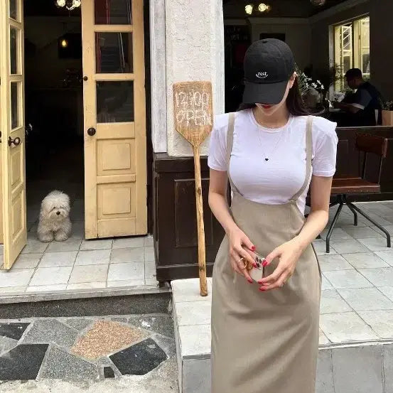 [BUNJANG] Lovemeow Beige Overall Dress / 러브미우 베이지 멜빵 원피스(실사0)