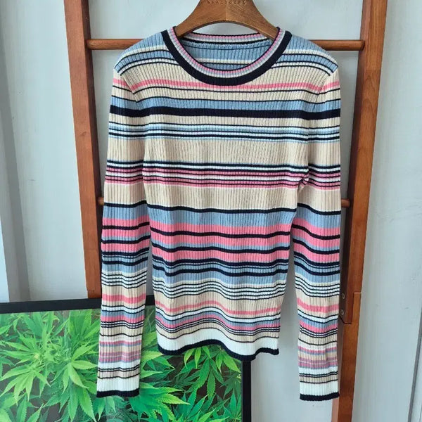 [BUNJANG] Stripe Round Neck Ribbed Knit Sweater / (새상품)스트라이프 라운드 골지니트