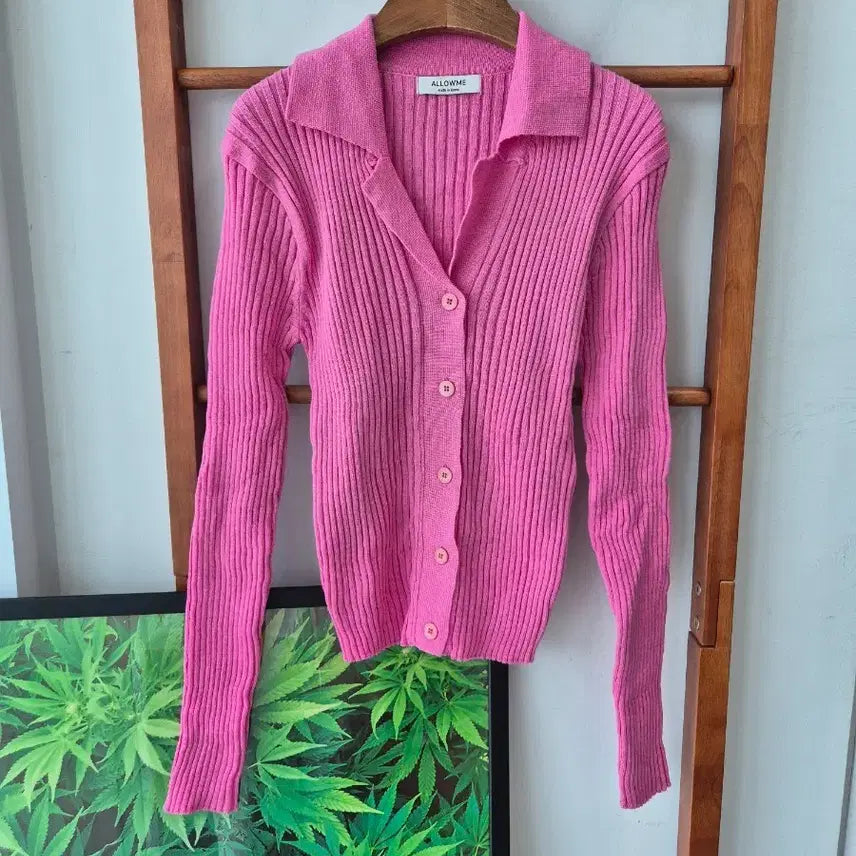 [BUNJANG] Ribbed Knit Collar Cardigan Pink / (새상품)골지니트 카라 가디건 핑크