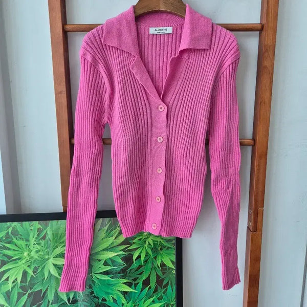 [BUNJANG] Ribbed Knit Collar Cardigan Pink / (새상품)골지니트 카라 가디건 핑크