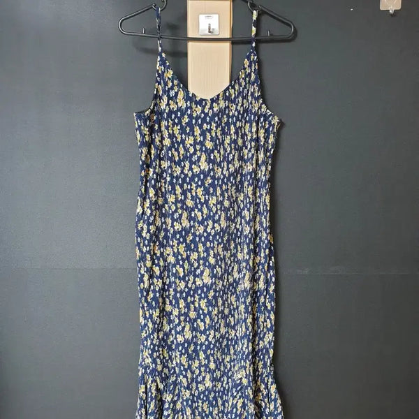 [BUNJANG] Flower Pleated Long Dress / 진짜만원 난닝구 플라워주름 롱원피스 55 66 네이비